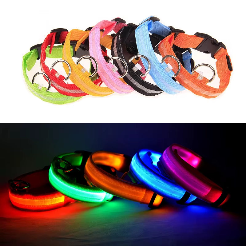 Luminous LED Dog Collar – Reflective Nylon Night Safety Collar | Glow-in-the-Dark Flashing Light-Up Pet Accessory