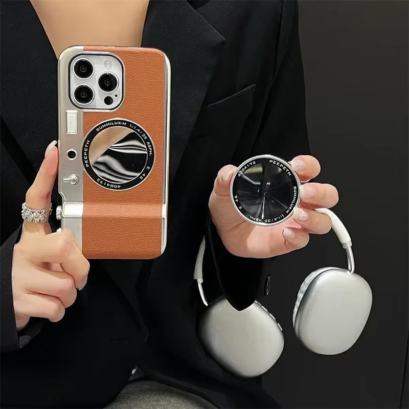 Retro Bluetooth Camera Phone Case for 15 14 13 12 Pro Max | Magnetic Cosmetic Mirror Hard Cover