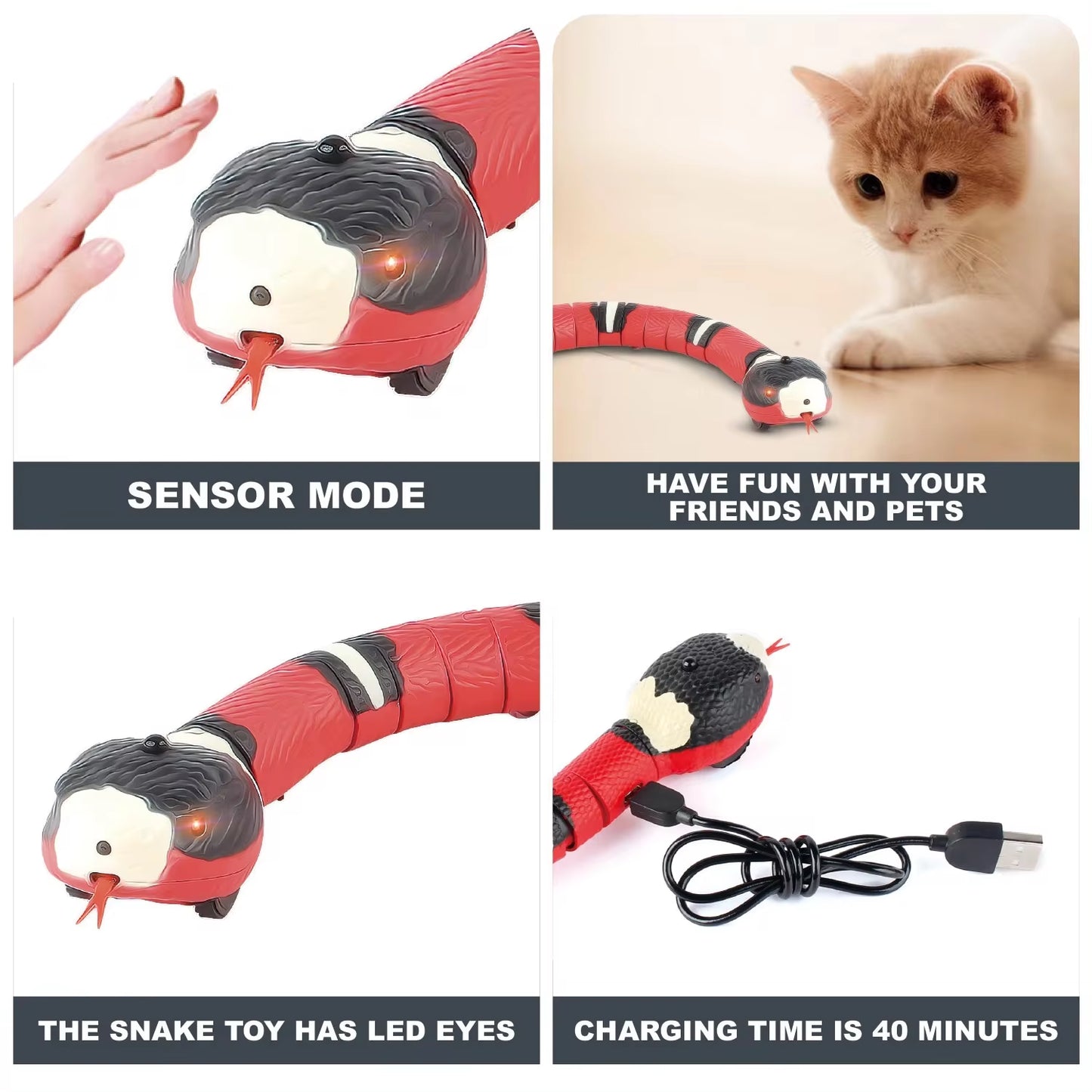 Interactive Smart Sensing Electronic Snake Cat Toy - USB Rechargeable Indoor Teaser for Cats and Kittens