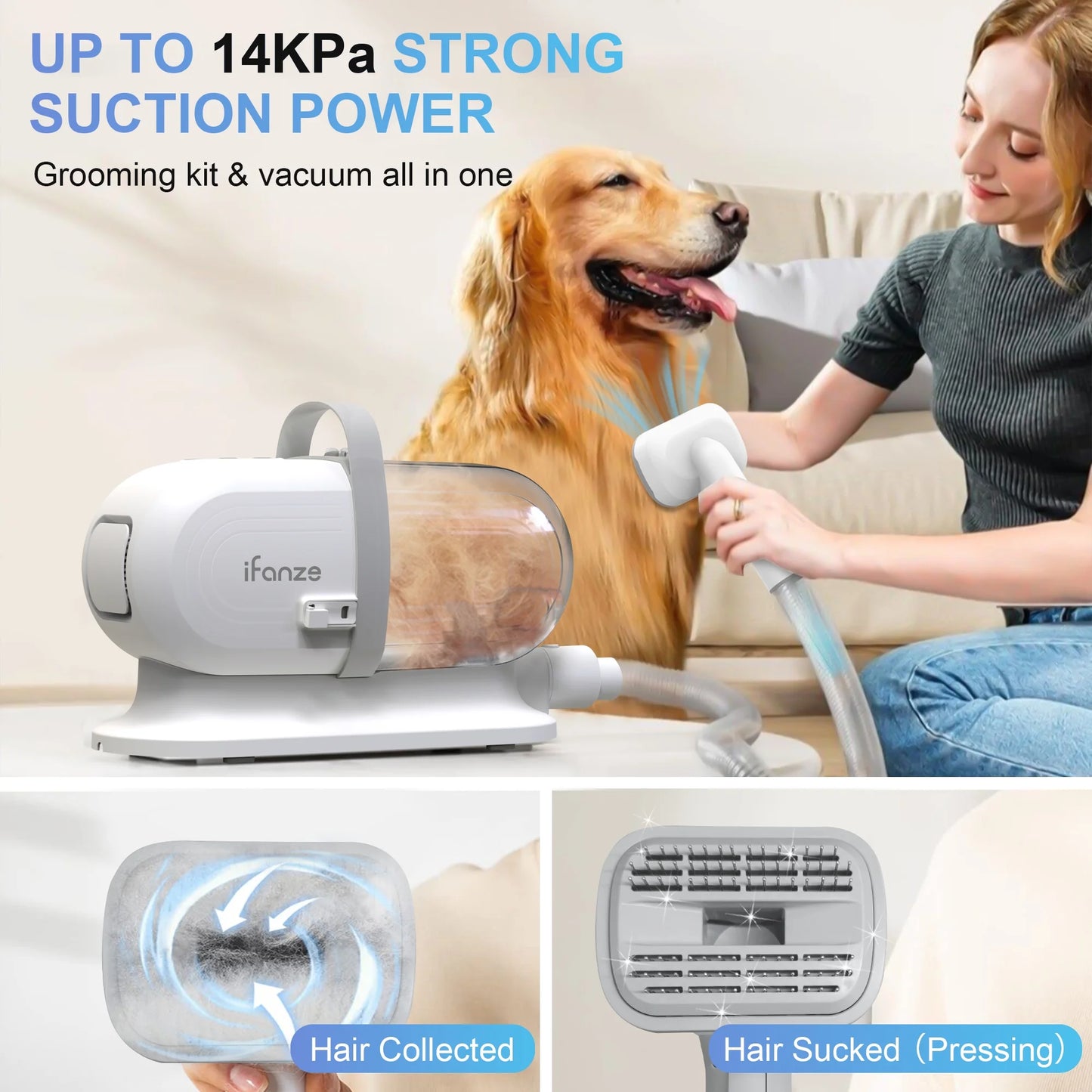 14Kpa Dog Grooming Kit & Vacuum, 2.5L Pet Hair Vacuum Suction 99% Pet Hair,3 Modes Suction Dog Grooming Clipper Kit,5 Pet Groomer Tools,Low Noise Pet Shedding Vacuum for Dogs Cats,White