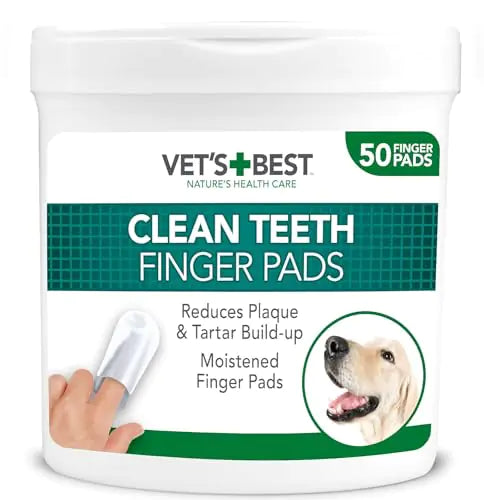 Vets Best Dental Care Finger Wipes | Reduces Plaque & Freshens Breath | Teeth Cleaning Finger Wipes for Dogs & Cats | 50 Disposable Wipes